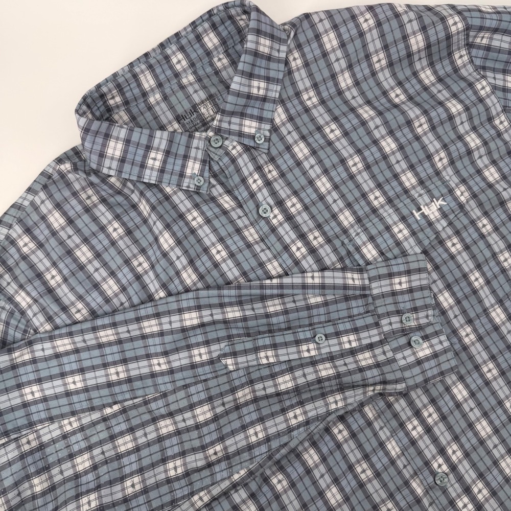 Huk Performance Fishing Shirt Mens Large Blue Plaid Long Sleeve Vented L